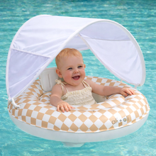 Load image into Gallery viewer, Tan Checkers Baby Swim Seat & Sun Canopy