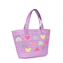 Load image into Gallery viewer, Heart-Patched Purple Straw Tote Bag