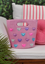 Load image into Gallery viewer, Heart-Patched Pink Straw Mini Tote Bag
