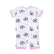 Load image into Gallery viewer, Soccer Balls Playing Soccer Pink Romper
