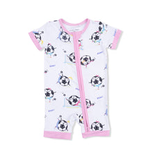 Load image into Gallery viewer, Soccer Balls Playing Soccer Pink Romper
