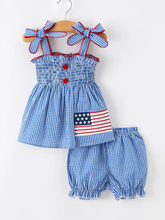 Load image into Gallery viewer, 4th of July Plaid Flag Bow Outfit Set
