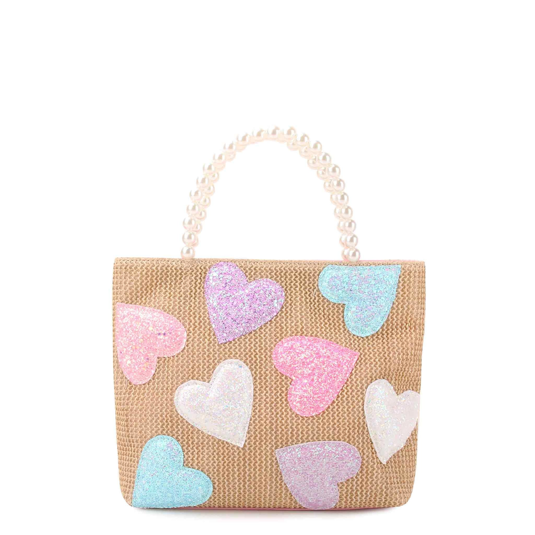 Heart-Patched Straw Mini Tote Bag with Pearl Handles