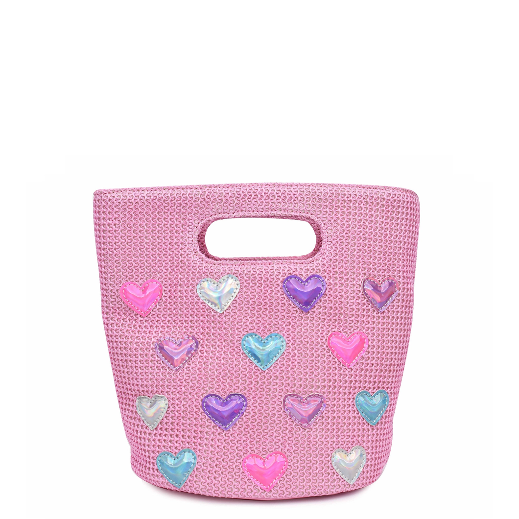 Heart-Patched Pink Straw Mini Tote Bag