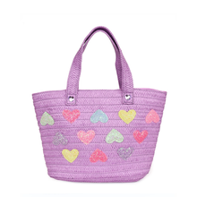 Load image into Gallery viewer, Heart-Patched Purple Straw Tote Bag
