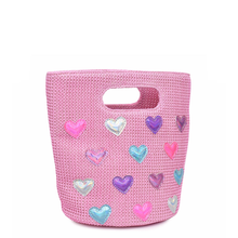 Load image into Gallery viewer, Heart-Patched Pink Straw Mini Tote Bag
