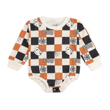 Load image into Gallery viewer, Boo Checkered Halloween Romper

