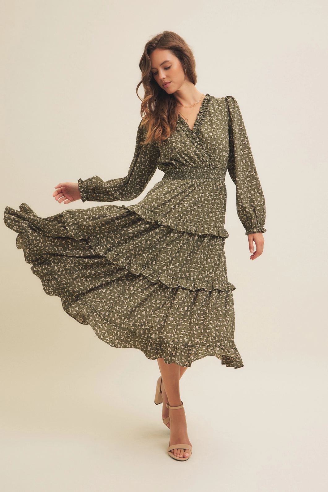 Ditsy Olive Floral Midi Dress