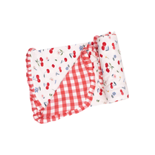 Load image into Gallery viewer, Watercolor Cherries + Gingham Receiving Blanket
