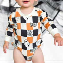 Load image into Gallery viewer, Boo Checkered Halloween Romper
