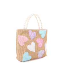 Load image into Gallery viewer, Heart-Patched Straw Mini Tote Bag with Pearl Handles
