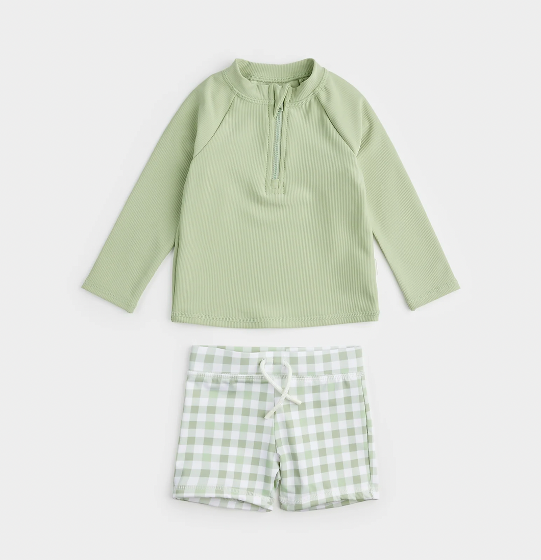 Ribbed Sage & Gingham Rashguard Set