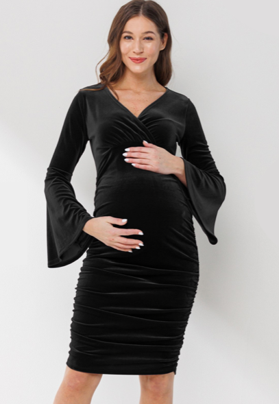 V-Neck Bell Sleeve Maternity Dress