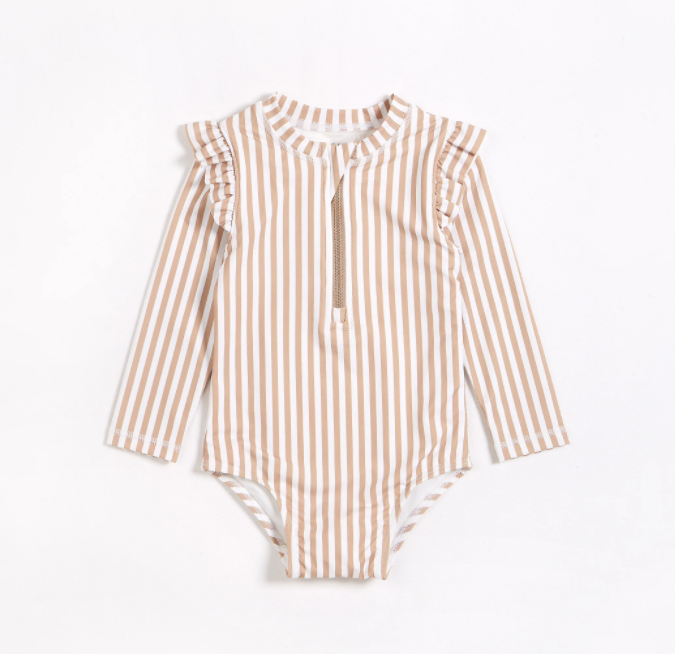 Taupe Striped Ruffle Swimsuit